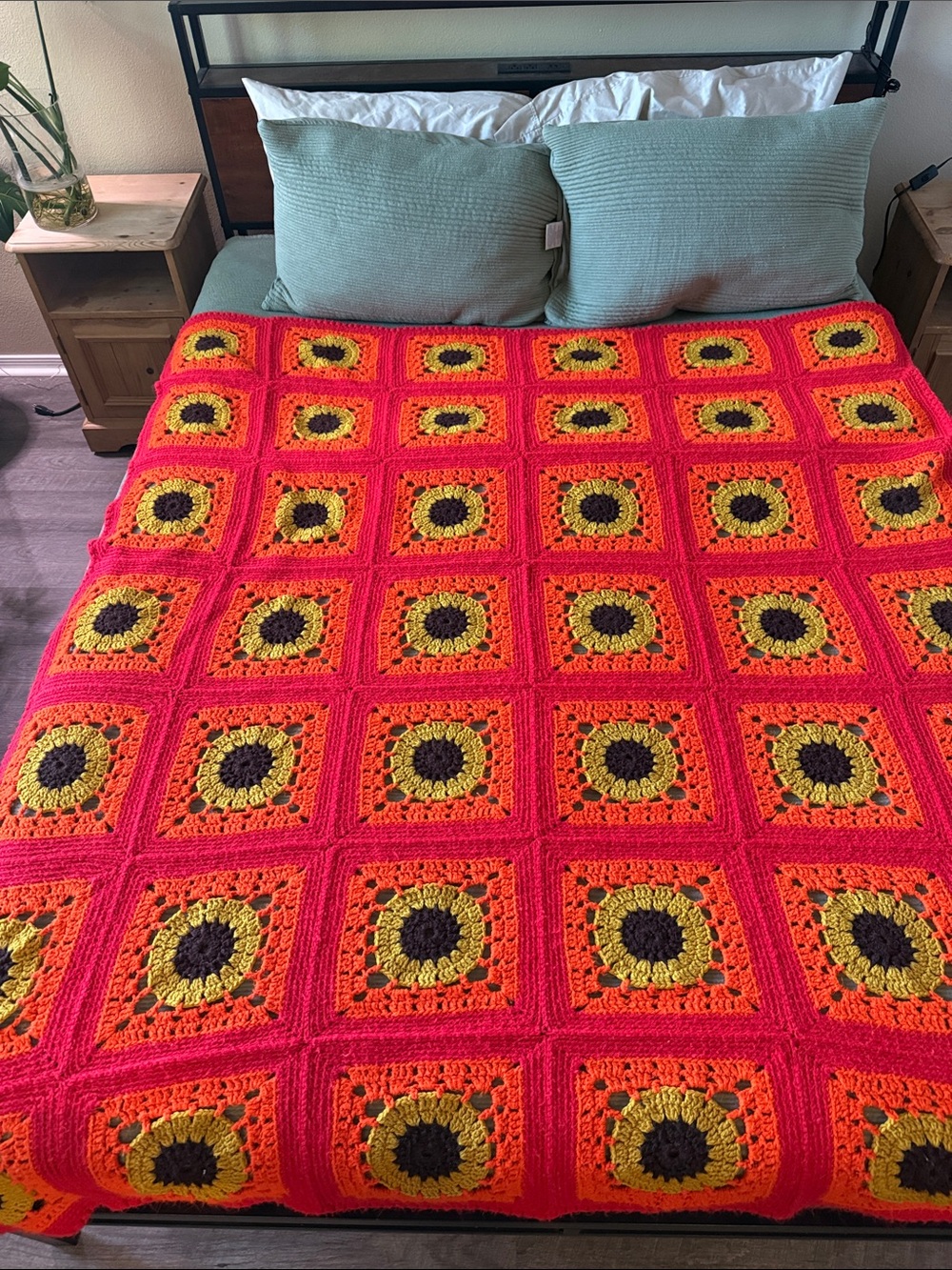 Handmade Sunflower Crochet Blanket – Red, Orange, Yellow
